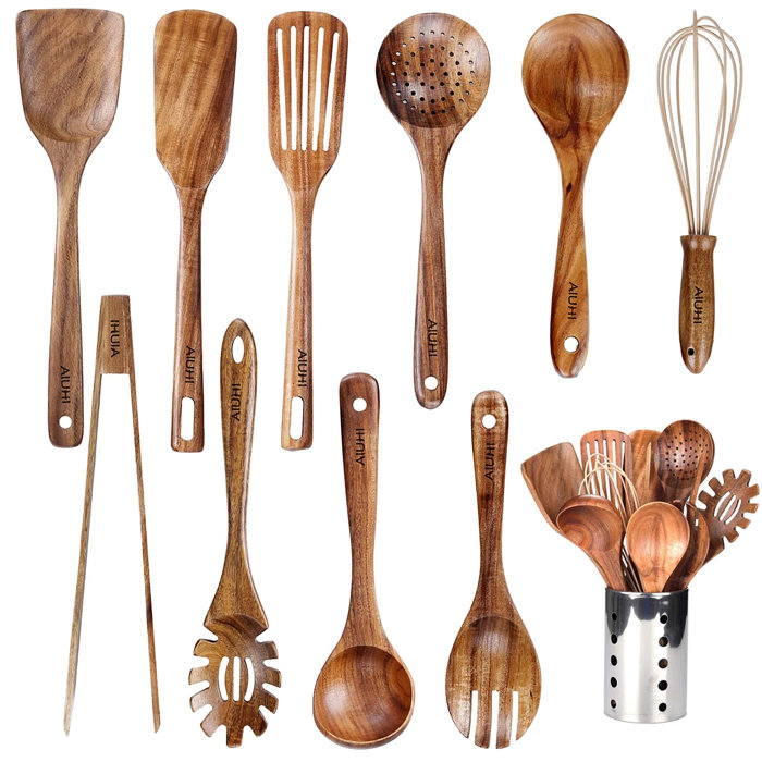 AIRPJ 11 Piece Wood Cooking Spoon Set with Utensil Crock Wayfair